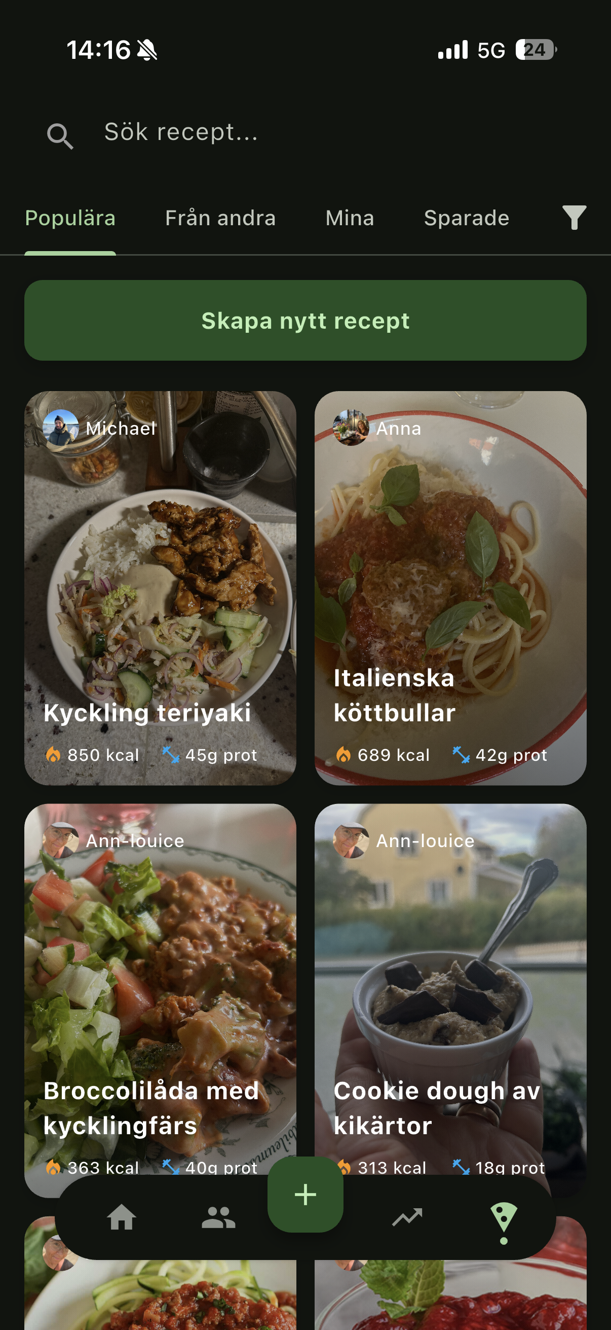 Makromat app skärm som visar receptskapande med automatisk näringsberäkning